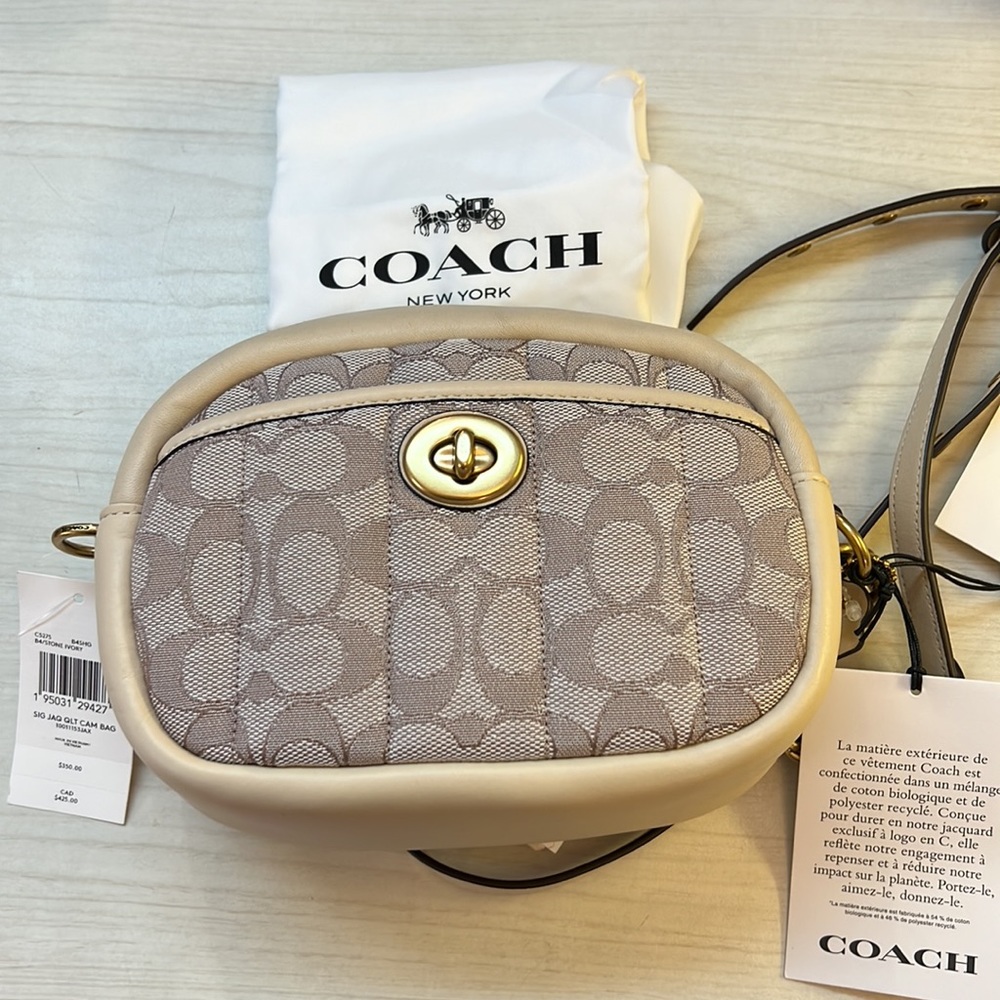 Coach Small Camera Bag In Signature Jacquard With Quilting In B4/Stone Ivory New